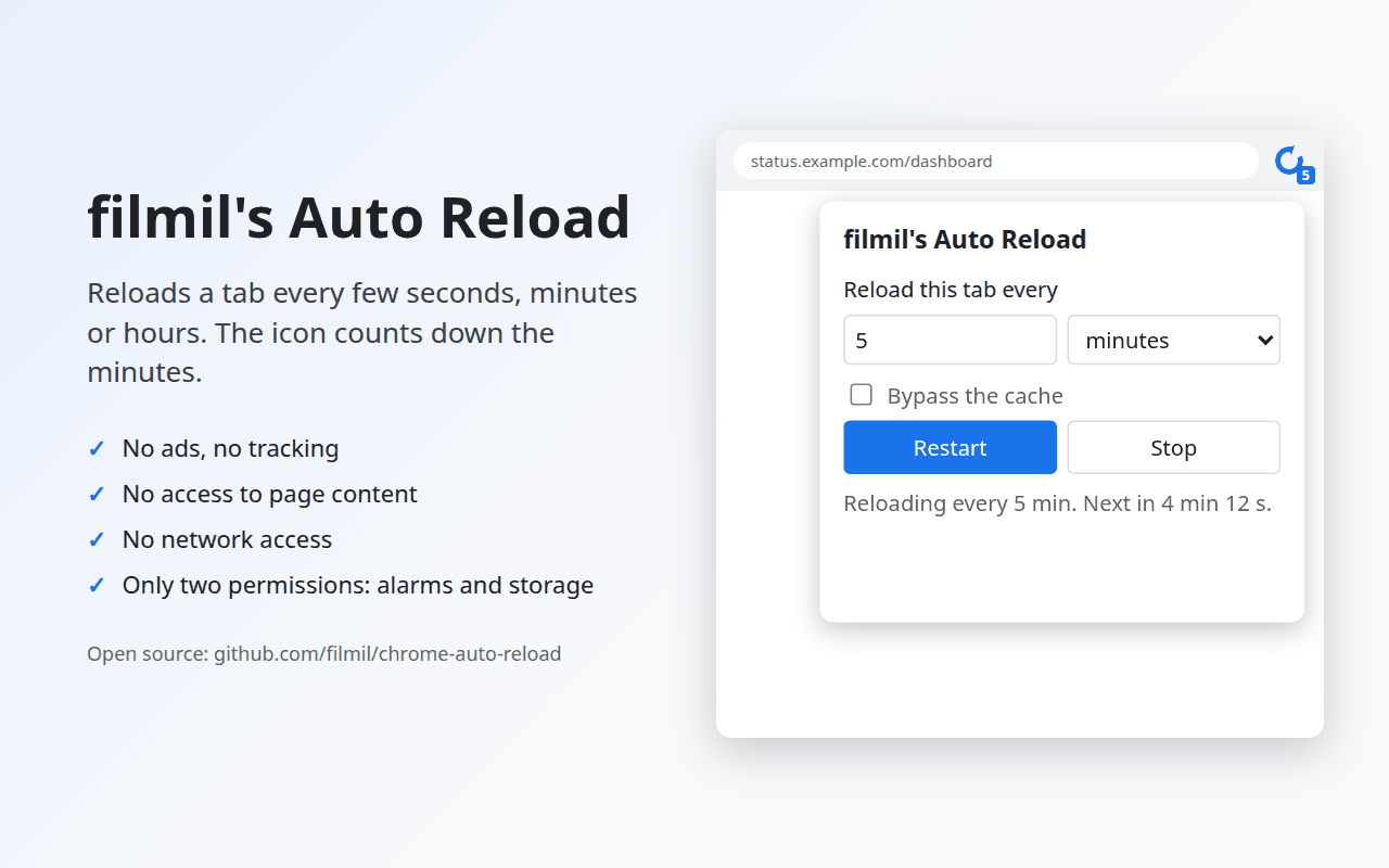 The popup of filmil&rsquo;s Auto Reload, reloading a tab every 5 minutes, with the minutes left shown on the toolbar icon
