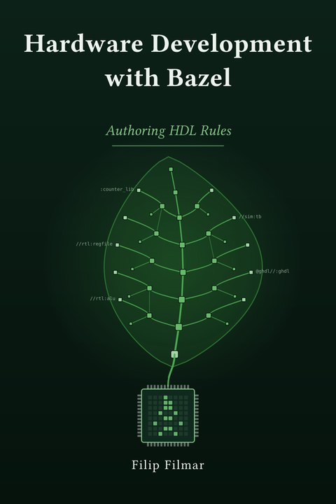 The cover: a basil leaf drawn as a build graph, growing from an FPGA chip