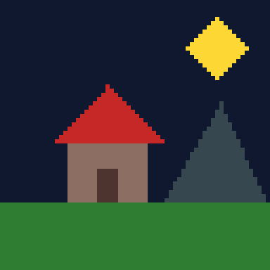 A house with a red roof, a hill
    and a yellow sun on a dark sky, 64 by 64 pixels